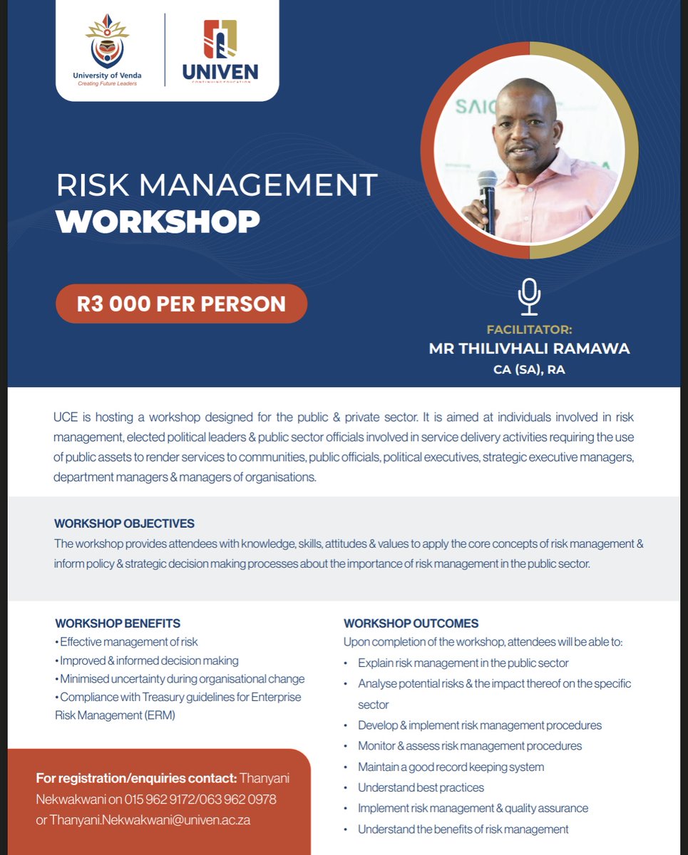_UIGC_'s tweet photo. Risk may start locally, but its impact can extend far beyond the organisation.

Join UCE for the Risk Management Workshop with Mr Thilivhali Ramawa, CA(SA), RA.
Strengthen risk awareness, preparedness &amp; decision-making for a changing business environment.
#UNIVEN #UCE https://t.co/IqMu96lwKA