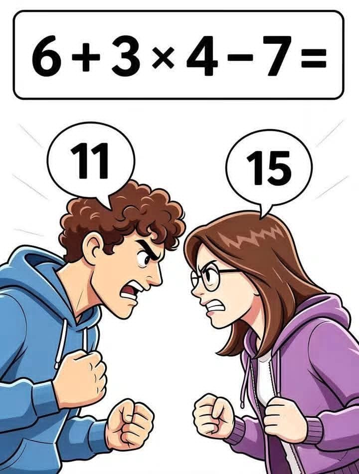 Motivational__G's tweet photo. Who is right, the boy (11) or the girl (15)? 

6 + 3 × 4 - 7 = ? https://t.co/z2nQ5lsUF1
