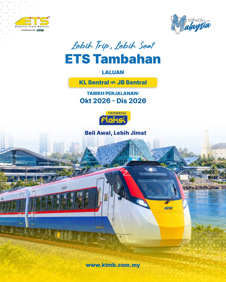ktm_berhad's tweet photo. Tren Tambahan ETS bagi perjalanan Oktober hingga Disember 2026. Beli lebih awal untuk menikmati tambang yang lebih rendah.
KL Sentral ⇄ JB Sentral
#ktmb #ets #etskanada https://t.co/ATc9KEqLiR