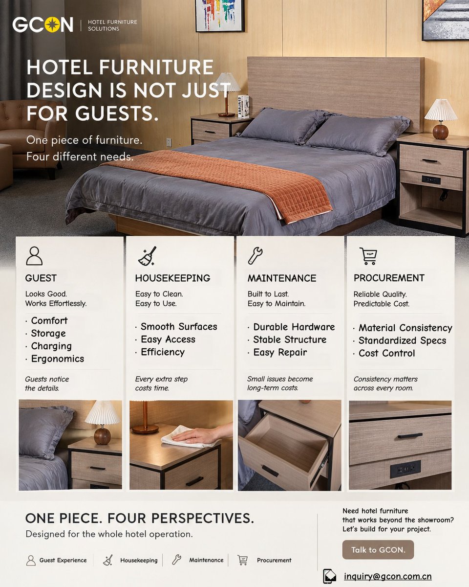 gconfurniture's tweet photo. Hotel furniture is not just for guests.
Housekeeping needs easy-to-clean surfaces.
Maintenance needs durable construction.
Procurement needs consistency.
Good hotel furniture has to work for the whole operation.
#HotelFurniture #HospitalityFurniture #HotelProcurement #Projects https://t.co/q7ukclMntl