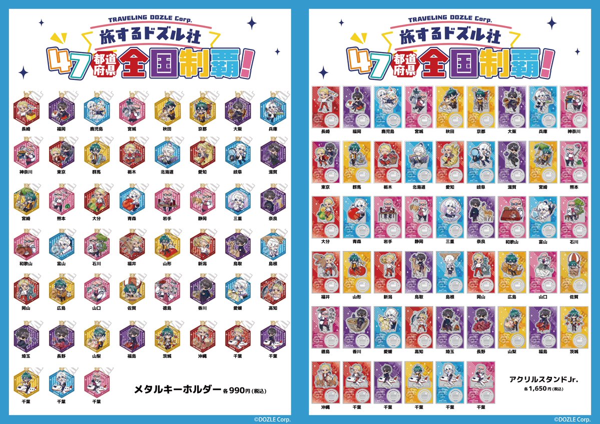 GRANUP_PR's tweet photo. 【ドズル社】47都道県全国制覇記念催事のお品書きを公開✨
全県が揃う圧巻の品揃えに加え、クリアファイル、ステッカー、カプセルトイの新商品が登場♪
カプセルトイは東日本21種、西日本30種に分かれたアクリルチャームです。
レジ販売のコンプリートセットをご購入の場合は特典がセットで付属いたします。

※カプセルトイコンプリートセットは数に限りがございますのでご了承ください。
※メタルキーホルダーは売り切れ次第販売終了となります。再販売はございませんので予めご了承ください。

#ドズル社