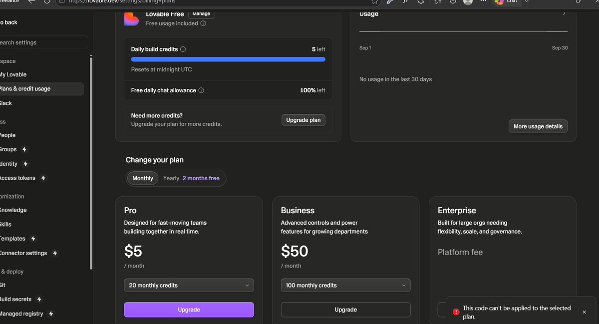 mikaships_dev's tweet photo. @Lovable hi I can't upgrade my account to pro &amp; business plan. I don't even know what code. https://t.co/7uI7bpQEvc
