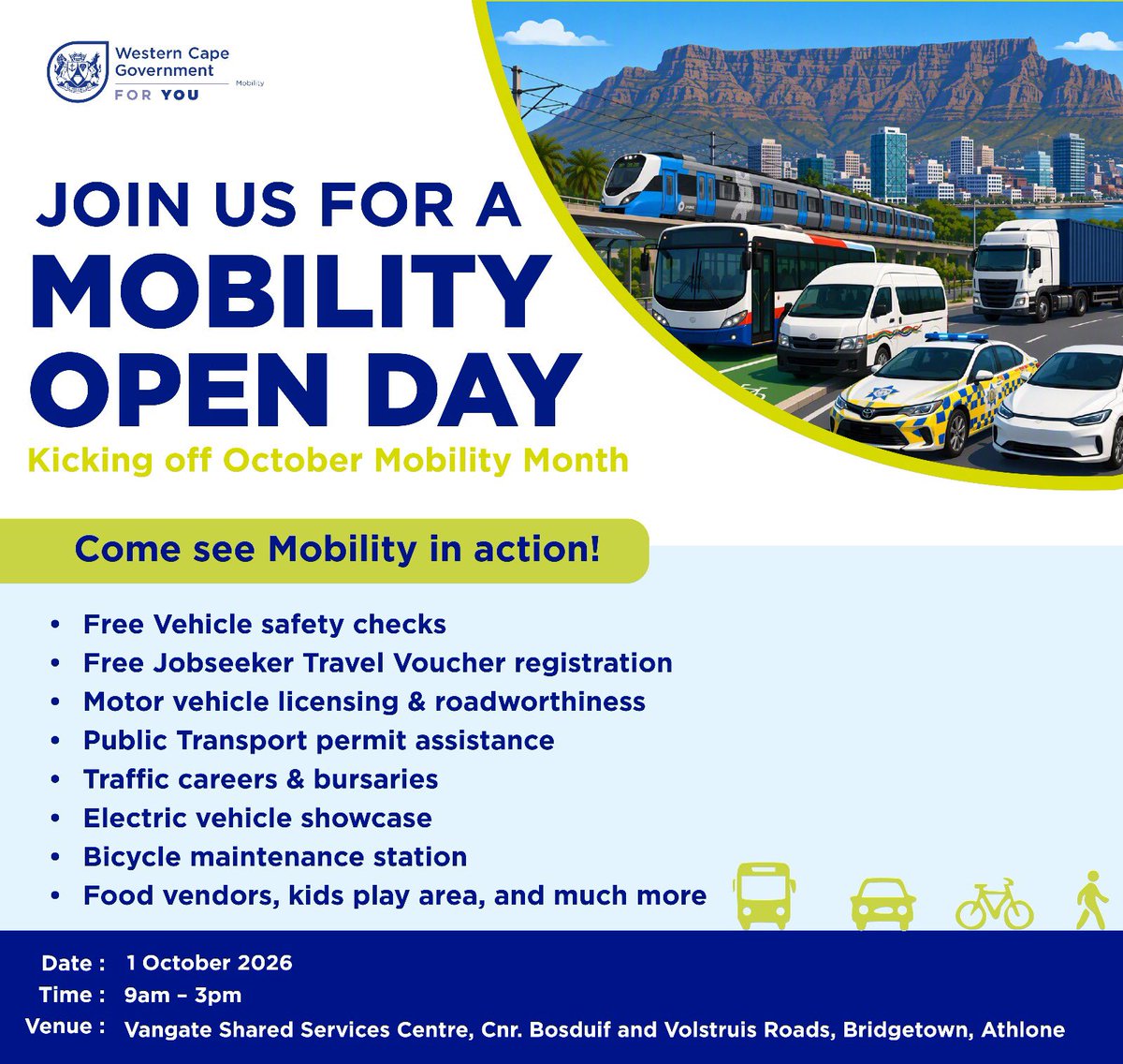 IsaacSileku's tweet photo. Mobility is moving, and we want YOU to be part of it! 🚍🚲⚡

Join us on 1 October 2026 for Mobility Month Open Day, with free vehicle safety checks, public transport assistance, career opportunities, bursaries, electric vehicles, bicycle maintenance and more! 🙌🏼

📍 Vangate Shared Services Centre, Cnr. Bosduif & Volstruis Roads, Bridgetown, Athlone
📅 1 October 2026 | ⏰ 09:00–15:00

Bring the family and come experience Mobility! 💙