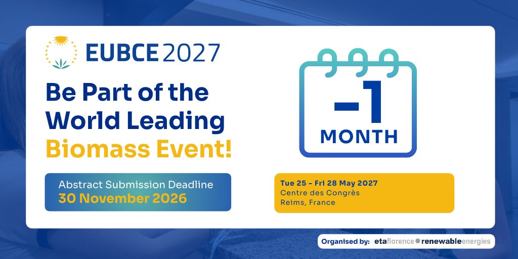 EUBCE's tweet photo. 📢 𝐎𝐧𝐞 𝐦𝐨𝐧𝐭𝐡 𝐭𝐨 𝐠𝐨 𝐭𝐨 𝐬𝐮𝐛𝐦𝐢𝐭 𝐲𝐨𝐮𝐫 𝐚𝐛𝐬𝐭𝐫𝐚𝐜𝐭 𝐟𝐨𝐫 𝐭𝐡𝐞 𝟑𝟓𝐭𝐡 𝐄𝐮𝐫𝐨𝐩𝐞𝐚𝐧 𝐁𝐢𝐨𝐦𝐚𝐬𝐬 𝐂𝐨𝐧𝐟𝐞𝐫𝐞𝐧𝐜𝐞 𝐚𝐧𝐝 𝐄𝐱𝐡𝐢𝐛𝐢𝐭𝐢𝐨𝐧!

🎤 Whether you are presenting cutting-edge scientific research or advancing industrial deployment, hashtag#EUBCE2027 provides a global platform to showcase your work, exchange ideas with leaders from academia and industry, and contribute to the development of the hashtag#bioeconomy.

📅 𝐒𝐮𝐛𝐦𝐢𝐭 𝐘𝐨𝐮𝐫 𝐀𝐛𝐬𝐭𝐫𝐚𝐜𝐭 𝐟𝐨𝐫 𝐄𝐔𝐁𝐂𝐄 𝟐𝟎𝟐𝟕 𝐛𝐲 𝟑𝟎 𝐍𝐨𝐯𝐞𝐦𝐛𝐞𝐫 𝟐𝟎𝟐𝟔!

📖 Conference topics range from sustainable resources management and exploitation to decarbonise energy systems and industrial sectors to hashtag#biomass conversion to energy carriers, hashtag#sustainablefuels pathways and bio-based chemicals production.

𝐄𝐱𝐩𝐥𝐨𝐫𝐞 𝐚𝐥𝐥 𝐭𝐨𝐩𝐢𝐜𝐬 & 𝐬𝐮𝐛𝐦𝐢𝐭 𝐲𝐨𝐮𝐫 𝐚𝐛𝐬𝐭𝐫𝐚𝐜𝐭!
👉 https://t.co/kL8oPkysl2