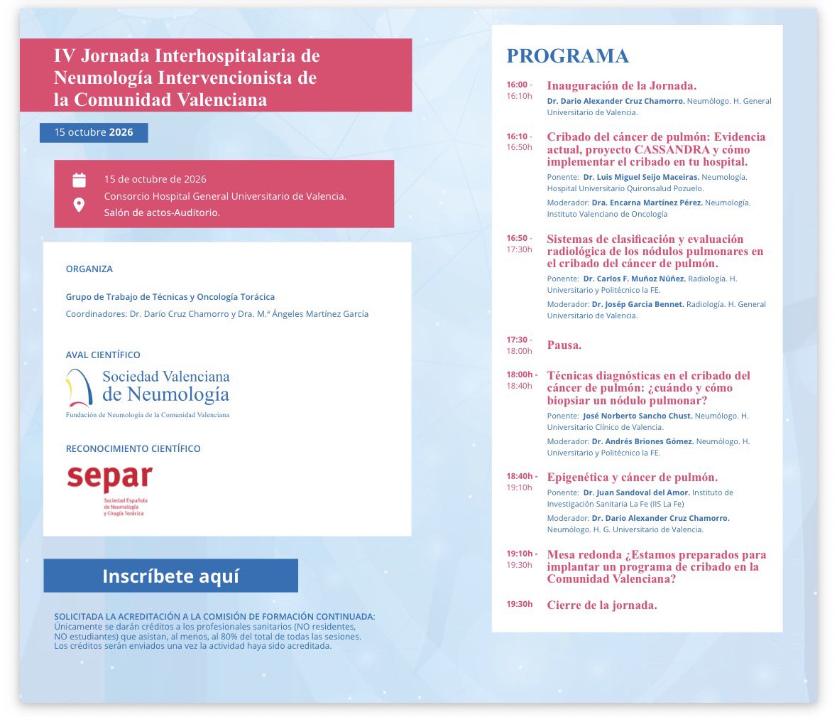 svneumologia's tweet photo. 🫁 El próximo jueves 15 de octubre se celebrará la IV Jornada Interhospitalaria de Neumología Intervencionista de la Comunidad Valenciana en @HGUVALENCIA con un programa muy interesante y de máxima actualidad, inscríbete aquí: 
👉🏻https://t.co/dKgpkKPQES
#técnicas #cáncerdepulmón https://t.co/Rod01elWtg