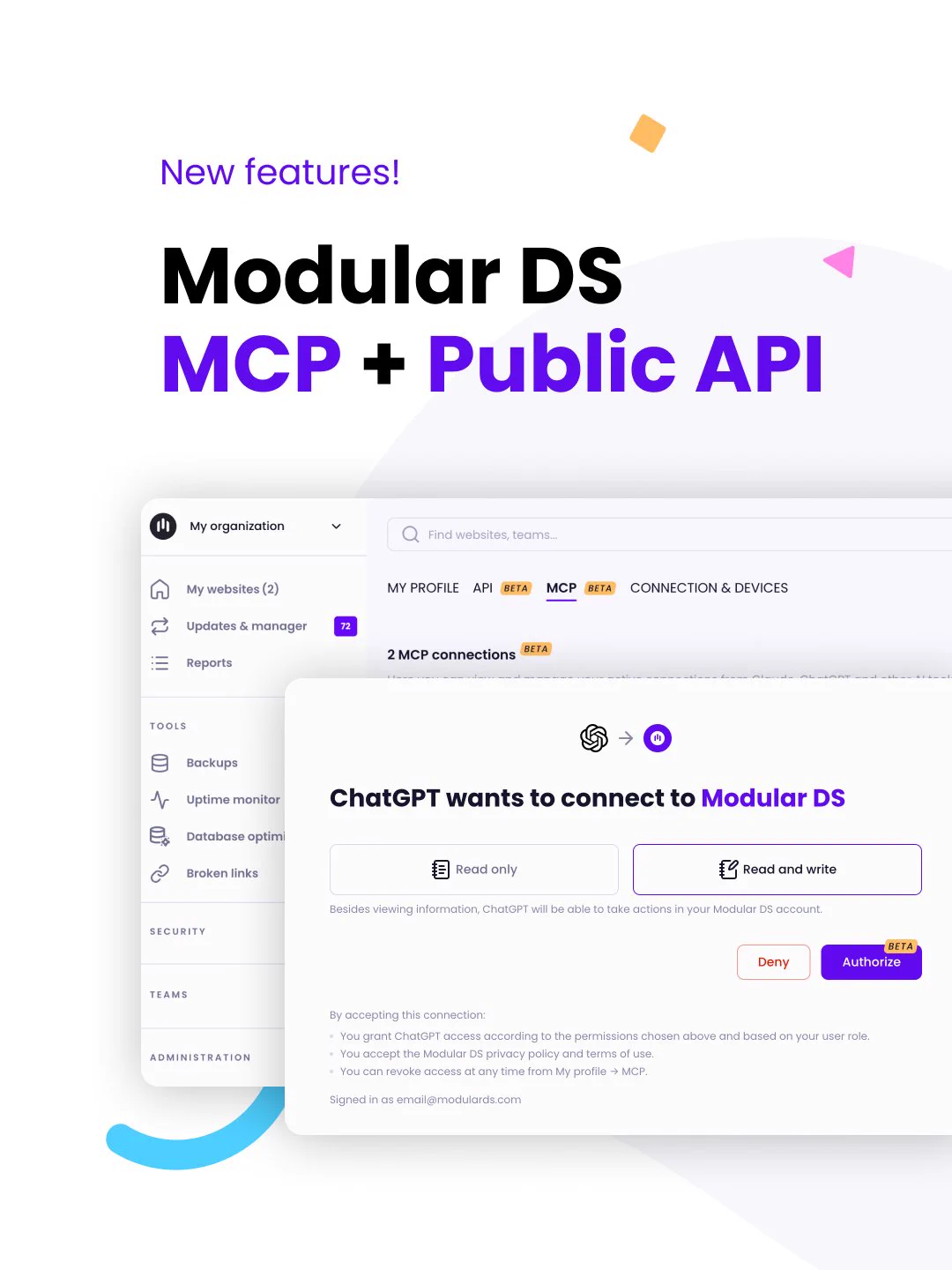Announcement graphic reading "New features! Modular DS MCP + Public API," with a screenshot of the connection screen where ChatGPT requests access to Modular DS for WordPress site management.