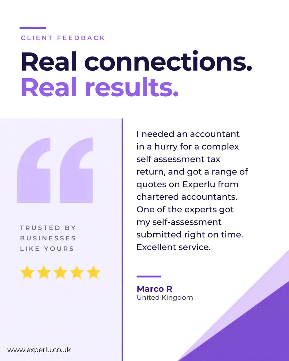 experlu's tweet photo. Trusted by clients. Backed by results.

We're proud to connect businesses and individuals with the right financial experts through Experlu. Thank you for the wonderful feedback and for being part of our journey.

#Experlu #ClientSuccess #TaxAdvisors #TrustedFinancialExperts https://t.co/rMkRmXOV2f