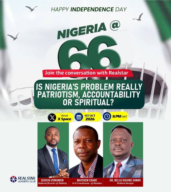 realstarng's tweet photo. 🇳🇬 NIGERIANS ARE RESILIENT — BUT WHY ARE WE STILL STRUGGLING TO BUILD THE NATION WE DESERVE?

We survive. We adapt. We hustle. We endure.

Yet, with our population, talent, creativity and resilience, why haven't we translated these strengths into national development?

What is really our problem?

PATRIOTISM? ACCOUNTABILITY? OR SOMETHING SPIRITUAL?

Let’s talk beyond complaints.
Let’s ask the difficult questions and proffer solutions.

🇳🇬 What must we change to get the Nigeria we are praying for?

🎙️ Join RealStar. Your voice matters.