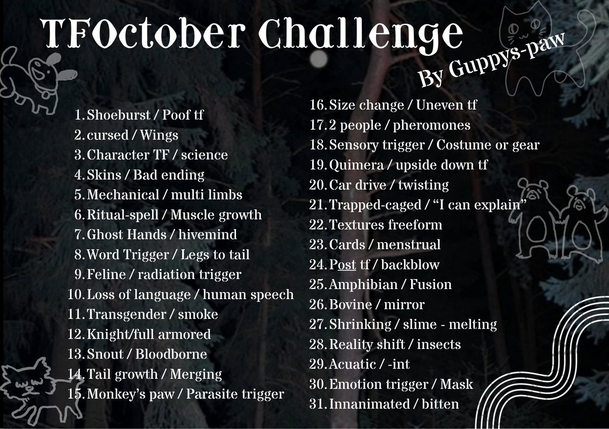 PawGuppy's tweet photo. My TFoctober list! feel free to participate if you want to!
2 options per day to either select one or make something with both hehe
#tftuesday #werewolfwednesay #TFoctober https://t.co/Khvzlq0iqH