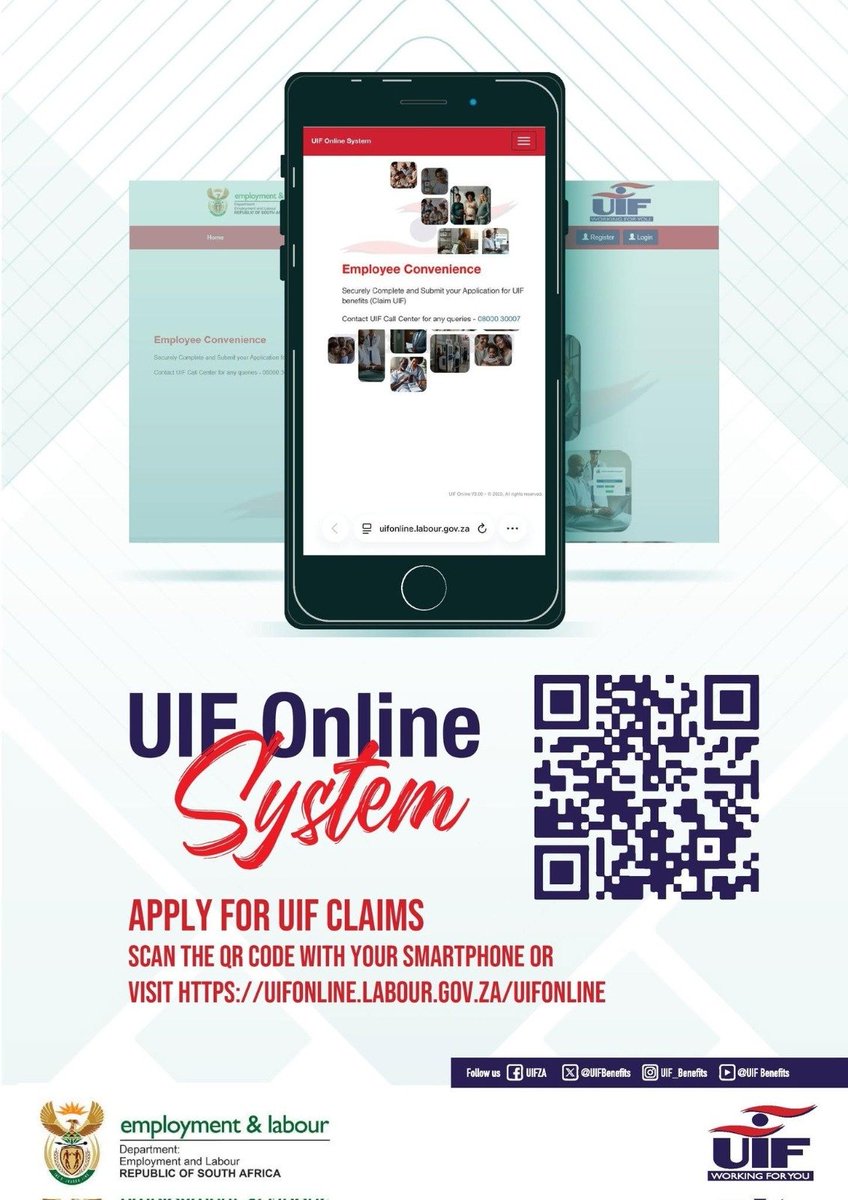 UIFBenefits's tweet photo. Apply For #UIF Claims. 

Scan the QR Code with your smartphone or visit https://t.co/RsiKl9B009

#UIF
#WorkingForYou
#Yazini
#DEL
#ServiceDeliveryZA
#HeritageMonth2026 https://t.co/ouL9ujhRFg