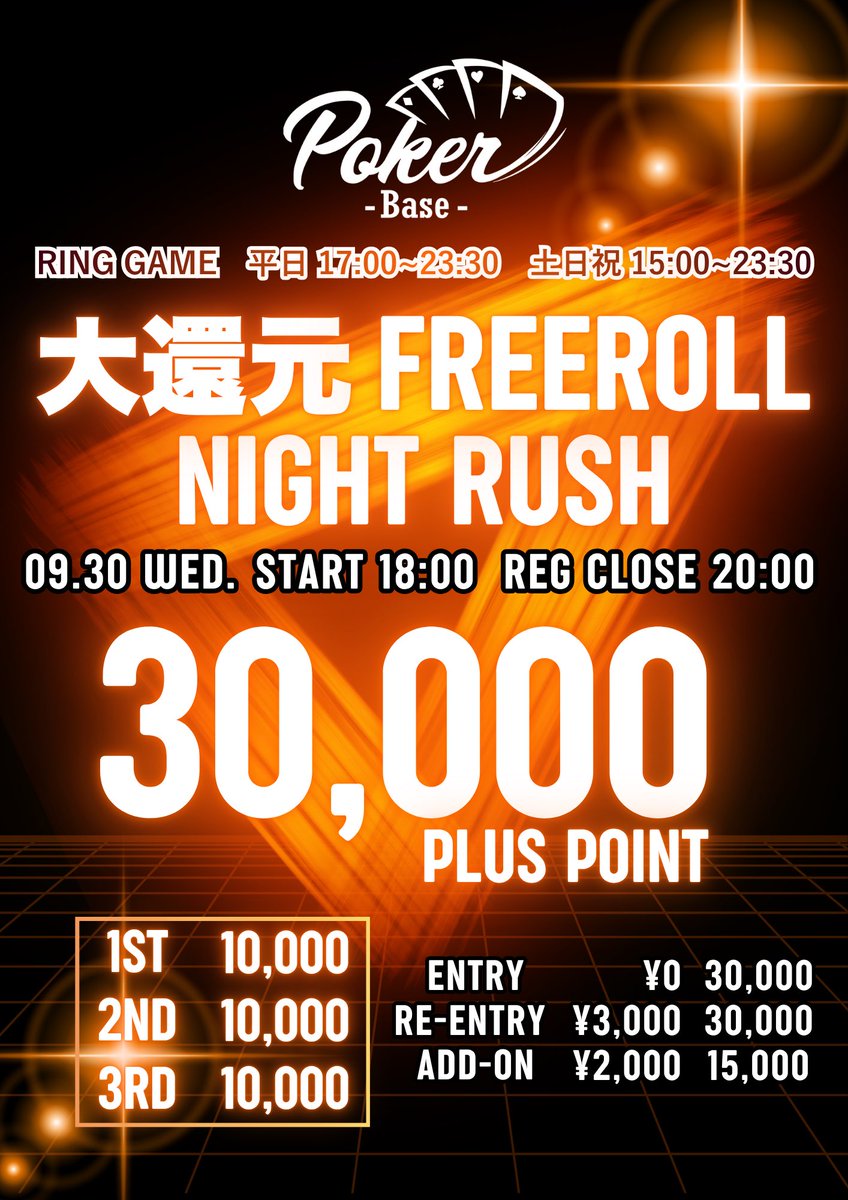 pokerbase001's tweet photo. 🎉🎉《大還元 FREEROLL》🎉🎉

🔥🔥 NIGHT RUSH 緊急開催 🔥🔥
なんと――
💥💥 エントリー無料 💥💥

それでいて…

🎯 総額30,000 PLUS POINT🎯

Poker Baseの夜を駆け抜けろ――🌙⚡️
仕事終わりからでも参戦しやすい、
スピード感抜群のFREE ROLL🔥

━━━━━━━━━━━━━━━
🗓9/30(水)
⏰ START 18:00
⏰ REG CLOSE 20:00

💰ENTRY ¥0 / 30,000点
🔁RE-ENTRY ¥3,000 / 30,000点
➕ADD-ON ¥2,000 / 15,000点

🏆PRIZE
1位　10,000 PT
2位　10,000 PT
3位　10,000 PT

🎯TOTAL 30,000 PLUS POINT
━━━━━━━━━━━━━━━

「今日は軽く打つか〜」
そんな気持ちで来たら、
気付けば大勝負になっているかも…⁉️🔥

フリーロールとは思えない
超激アツトーナメントです‼️

皆様のご来店心よりお待ちしております🧡