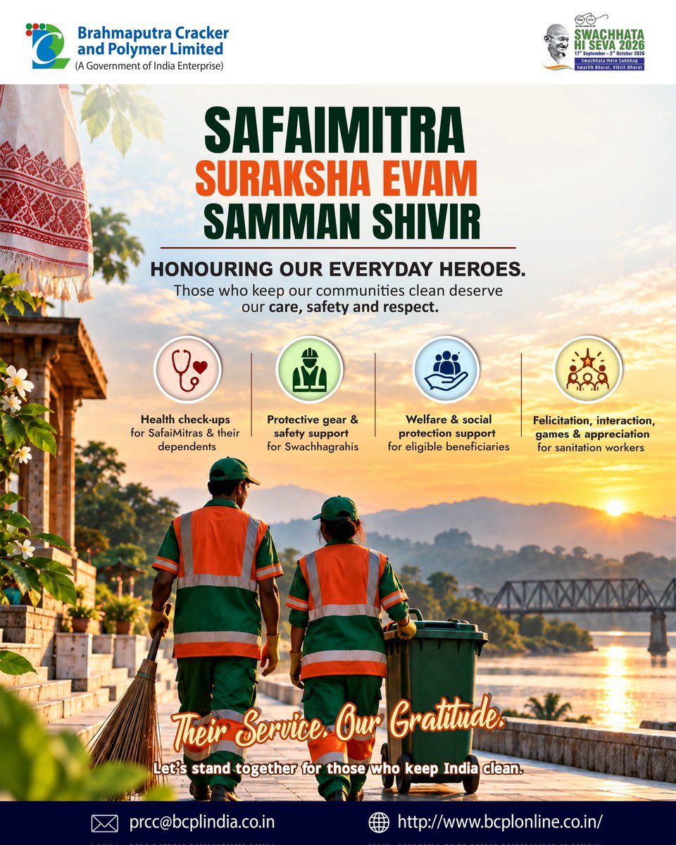 BCPLOfficial's tweet photo. Honouring those who keep our surroundings clean and safe.
The Safai Mitra Suraksha Evam Samman Shivir is a step towards ensuring the safety, dignity and well-being of our Safai Mitras.
#SafaiMitra #SwachhataHiSeva #SwachhataSeSamriddhi https://t.co/ZrjZougMog