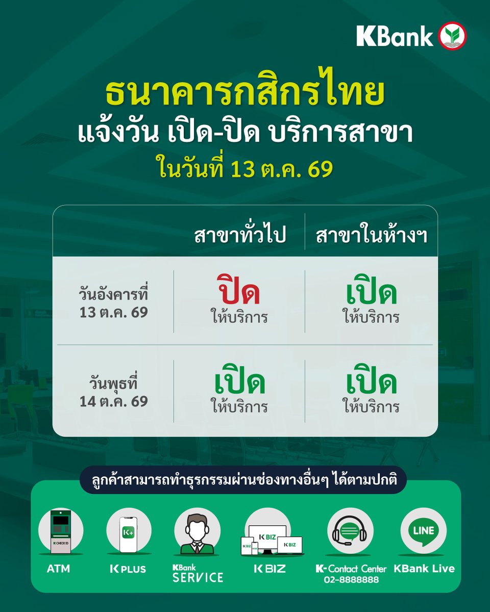 KBank_Live's tweet photo. ธนาคารกสิกรไทย ขอแจ้งวันทำการสาขาในช่วงวันหยุด
กรุณาวางแผนการทำธุรกรรมล่วงหน้าค่ะ
#KBank #KBankLive https://t.co/nYxER9looS