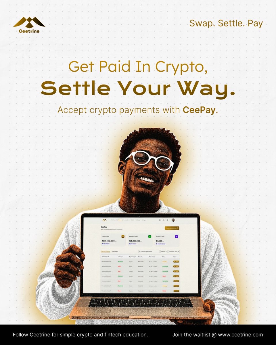 ceetrine_'s tweet photo. Crypto payments, made simpler.

With CeePay, businesses can accept crypto payments, then settle in crypto, Naira, or both.

CeePay is coming soon.

Join the waitlist at https://t.co/6ouaXNeqXL and follow Ceetrine for more simple crypto and fintech education. https://t.co/ReJaGEF8Wp