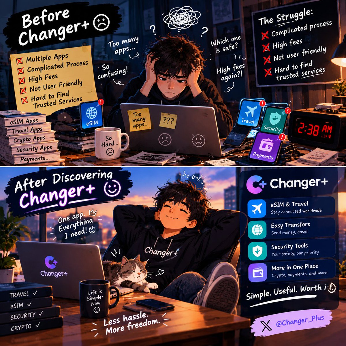 Rafidislam63542's tweet photo. Before Changer+ 😵‍💫 too many apps, confusing processes &amp; high fees.

After Changer+ 😌✨
One app. Easier transfers. eSIM &amp; travel. Security tools. Everything in one place.
Less hassle. More freedom. 🚀

@Changer_Plus

#ChangerPlus #ProofOfWork #Web3 #eSIM #Crypto #Travel https://t.co/NCSxkvYdlP