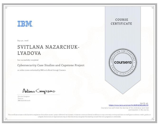 STELS5555's tweet photo. 12 із 12 — Done!
Завершила масштабну професійну програму IBM and ISC2 Cybersecurity Specialist Professional!
Фінальний практичний кейс захищено на 100% балів! 
Готова захищати цифрові периметри та впроваджувати Zero Trust на практиці!
#Cybersecurity #IBM #ISC2 #ZeroTrust #Tech https://t.co/z9Q2BTJKtL