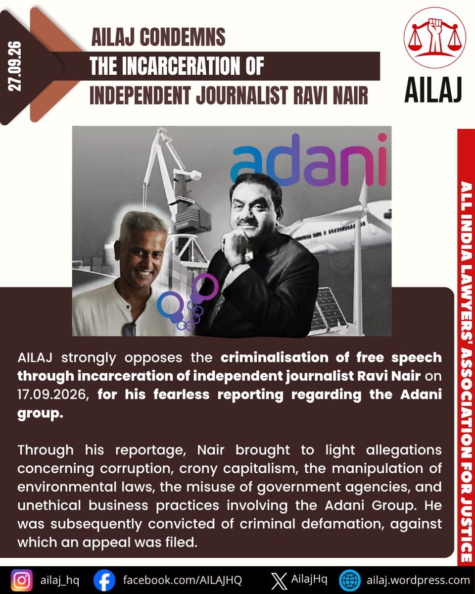 AilajHq's tweet photo. AILAJ condemns incarceration of independent journalist Ravi Nair & reiterates its commitment to free speech & free press. Incarceration of journalists undermines press freedom & public’s right to information.
#ravinair #pressfreedom #adani #attackonfreepress #righttoinformation https://t.co/hxBcJtHBj8