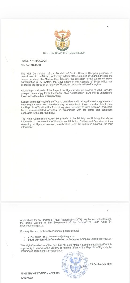 wekesa_amos's tweet photo. Breaking news 

SOUTH AFRICA 

UGANDANS 

Now Ugandans can apply for their visas electronically which is a fair start for Ugandans traveling to South Africa. https://t.co/3A5d57HJt3