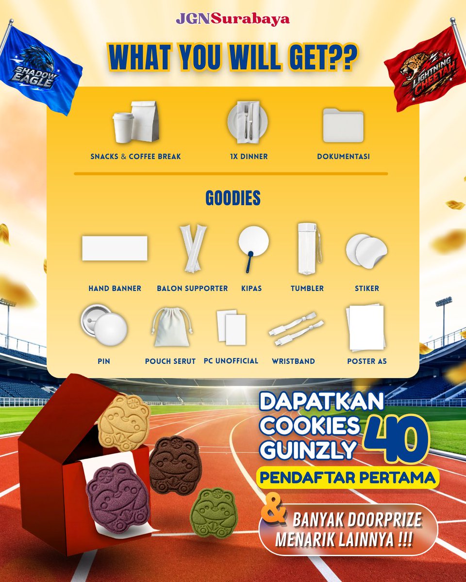JGnsurabaya_'s tweet photo. [ 🚨  NOBAR STARLYMPICS 2026! 🚨 ]

️📍 Pana House Hotel Sby
📅 Sabtu, 28/NOV/2026
🎟 HTM: 135K
 
🟠 LIMITED 80 KUOTA🤏😖

‼️SPESIAL 40 GET FREE GUINZLY COOKIES‼️

 👇

🔗 Link Pendaftaran: https://t.co/h2DMEYo4FG… ( or scan QR di poster!)

#GMMTVStarlympics2026 #JGNSurabaya https://t.co/mJf4dw93zu