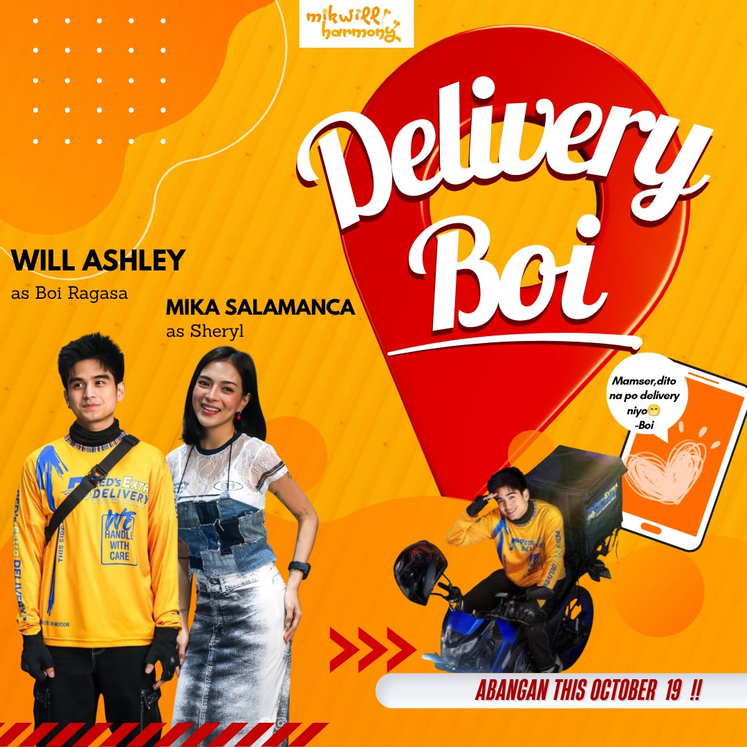 MikWillHarmony's tweet photo. 📦👀 ABANGAN SA OCTOBER 19!

Excited na ba kayo? Delivery Boi is coming! 🥹🧡

See you on October 19! 📺🧡

And please don't forget to click the link and stream with us.

SH:  https://t.co/vaRTx5r79w

#DeliveryBoi #MikaSalamanca #WillAshley https://t.co/MC4Y0wlLgs