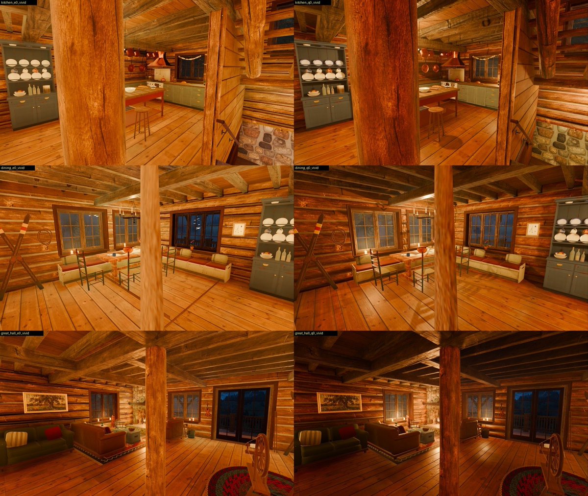 ScarsOfWild's tweet photo. The wood in the house looked pale and flat, and a stronger picture filter only hid it. The wood itself was fine. The light was wrong. 

Two thirds of every room's brightness came from light bouncing around, and only a third from the flames themselves. Light that comes evenly from everywhere casts no shadows, so the logs, the beams and the boards had no shape. 

The flames now carry the rooms and the bounce only fills in behind them. A chair throws a shadow across the floor again, the beams sit dark over lit walls, and each candle has its own pool of light.  Two faults were hiding under that. Lamps lit the floors above and below them as if there were no floor between.

And a lamp that had gone out of view lost its share of the bounce light when it came back, so a room looked different depending on where I had walked before.

Both are gone: every storey is lit by its own flames, and a room looks the same every time I enter it.  From outside, the house glows in the night as it did.