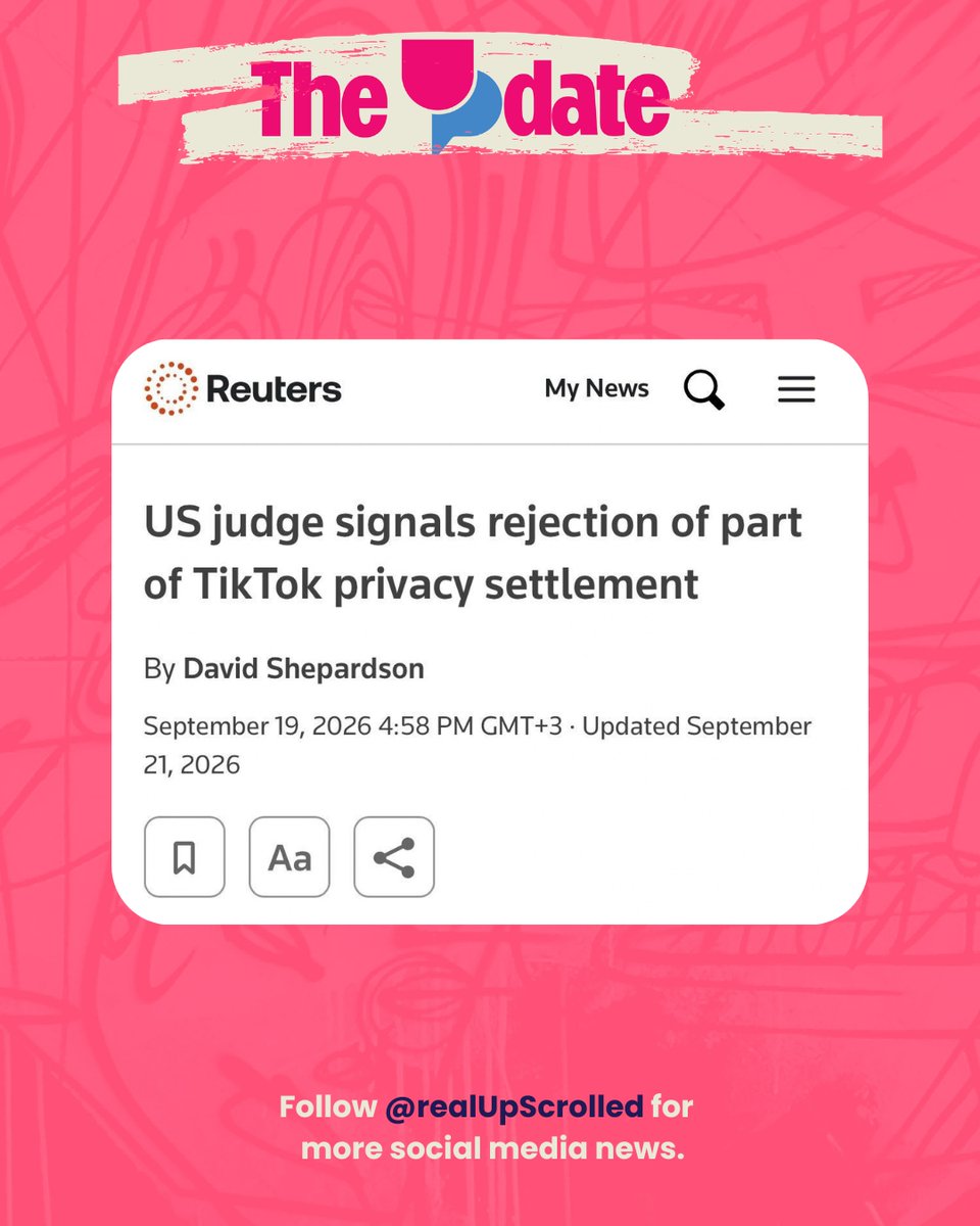 realUpScrolled's tweet photo. The UPdate: TikTok's $400M privacy settlement hits a snag.

A federal judge signaled he'll reject part of the deal, tied to ending a 2019 FTC consent decree on TikTok's predecessor, Musically.

#UpScrolled #TheUPdate https://t.co/9PvwPe11Or