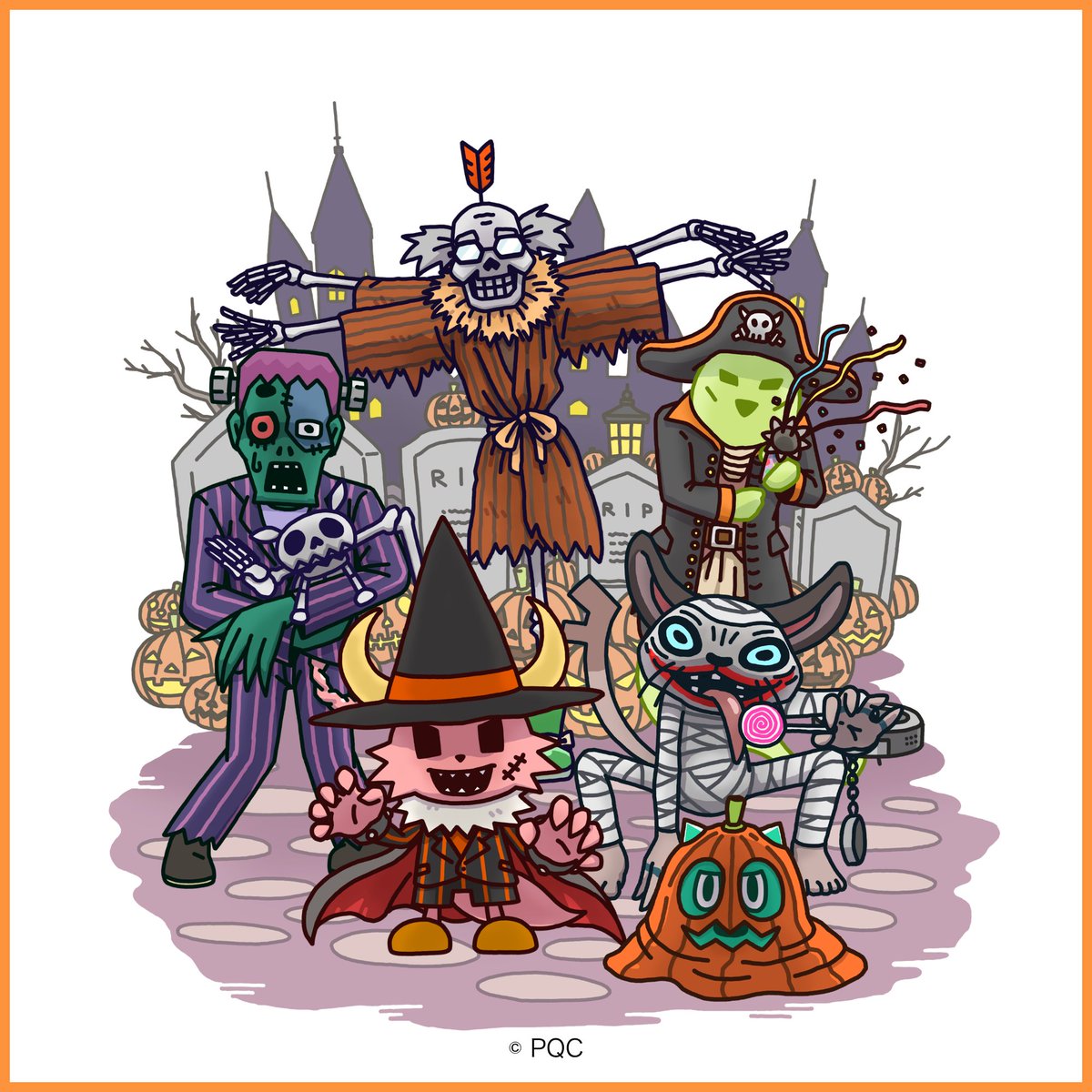 PonkotsuQuest's tweet photo. 【#ポンクエ シーズナルイラスト 3回目】
10月のイラストを公開！
 テーマは『ハロウィン』

ハッピーハロウィン！
みんな仮装をして楽しんでいます。

でもよく見ると
コロがヤブキの片足を咥えていたり
オバタがお掃除ロボットに吸われていたり…！？

#ポンクエシーズナルイラスト（スタッフ） https://t.co/ZObGwkFrZU
