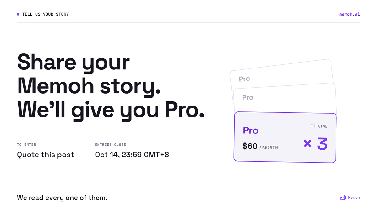 memoh_ai's tweet photo. We want to hear how you actually use Memoh.  

Quote this post with your story: 
the task you handed off, the workflow you stopped doing by hand, the moment it clicked.  

We'll provide 3 Pro Membership Giveaway— $60 a month, on us.