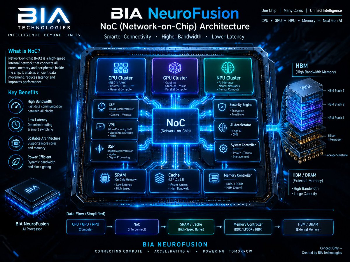 OmkarSh20877654's tweet photo. BIA NeuroFusion🧠
One chip. Many cores. Unified intelligence.
CPU + GPU + NPU + NoC + Memory
High bandwidth, low latency and efficient data movement for next-generation AI hardware.
Connecting Compute.Accelerating AI
#AI #ChipDesign #NoC #Semiconductors #AIHardware 
@JensenHuang https://t.co/ZRHGapU3x2