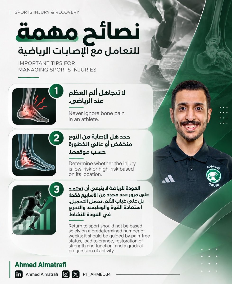 PT_Ahmed34's tweet photo. نصائح مهمة للتعامل مع الاصابات الرياضية: 
1- لا تتجاهل ألم العظم عند الرياضي 
2- حدد هل الإصابة Low-risk أو High-risk حسب موقعها 
3- العودة للرياضة لا ينبغي أن تعتمد على مرور عدد محدد من الأسابيع فقط؛ بل على غياب الألم، تحمل التحميل، استعادة القوة والوظيفة، والتدرج https://t.co/MGHplPFHwO