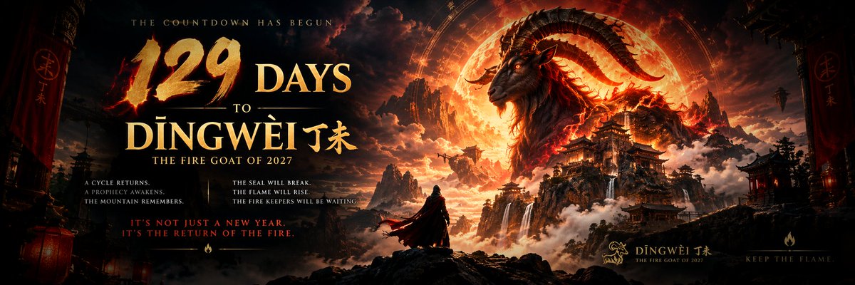 dingweiRH's tweet photo. 🐐129 DAYS. 🔥 

The countdown has begun.
In 129 days, the calendar turns.

2027.
丁未.
THE FIRE GOAT.

A cycle returns.
A prophecy awakens.
The mountain remembers.

The seal will break.
The Flame will rise.
And the Fire Keepers will be waiting.

This isn't just a new year.

🧵1. https://t.co/yv89YCh0Zo
