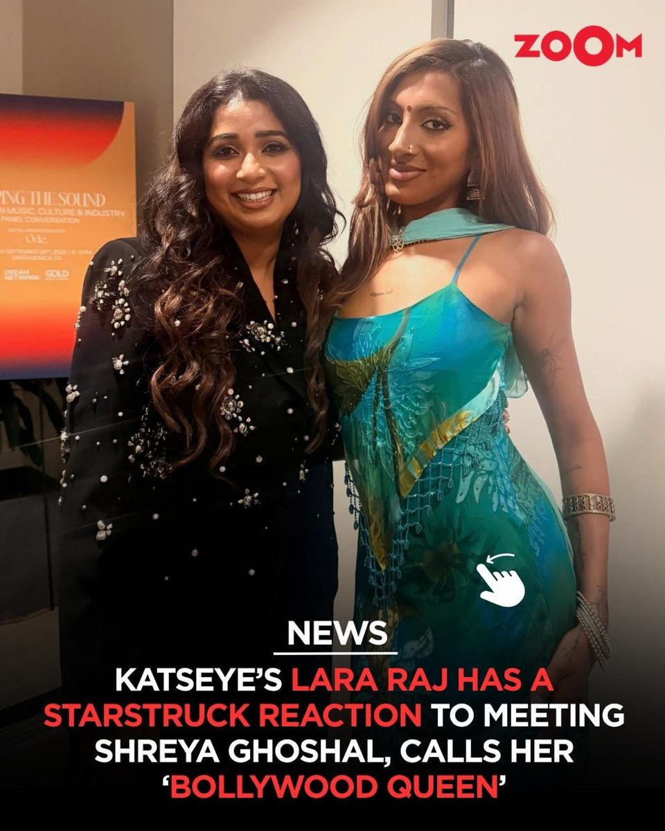 ZoomTV's tweet photo. KATSEYE’s #LaraRaj has the sweetest starstruck moment meeting #ShreyaGhoshal! Calling her the “Bollywood Queen,” Lara shared her excitement after joining the legendary singer for a conversation on South Asian music and culture at the Recording Academy’s panel in Los Angeles. 
[ KATSEYE, Lara Raj, Shreya Ghoshal, Bollywood Singer, South Asian Music, Music, Entertainment, Celebrities, Zoom TV]

#zoomtvtrends #shr34