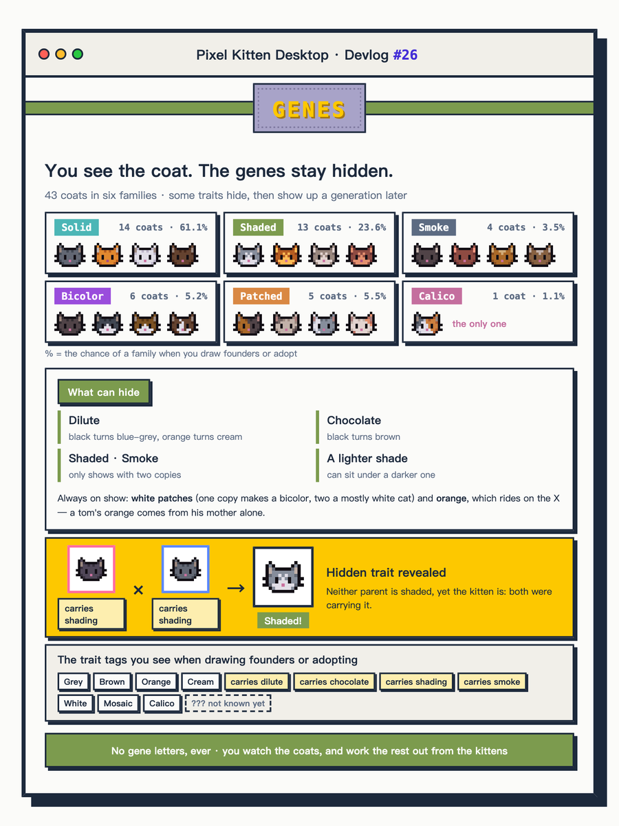 PixelKitten1010's tweet photo. Pixel Kitten Desktop · Devlog #26 🐱

Every kitten's coat is inherited. 🧬

43 coats in six families, and some traits hide: two parents who aren't shaded can still have a shaded kitten. No gene letters — you watch the coats and work it out.
#indiedev #pixelart #cozygame #genetics https://t.co/b4eMUstnYc