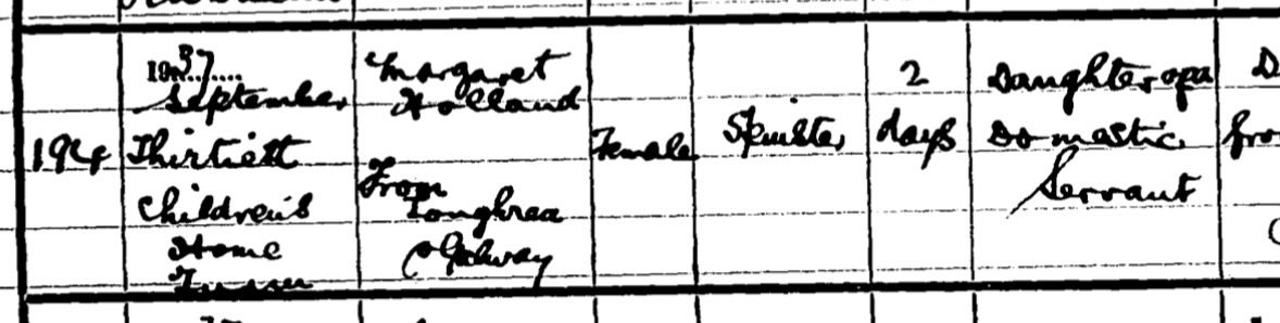 breeda_murphy's tweet photo. On this day eight nine years ago, two day old Margaret Holland, the daughter of a domestic servant passed away at #StMary’s #MotherAndBabyHome in Tuam. Her death was registered on December 14th with Sr Hortense being the notifier.
Cause of certified death “debility from birth” https://t.co/5SxW5iBYUj