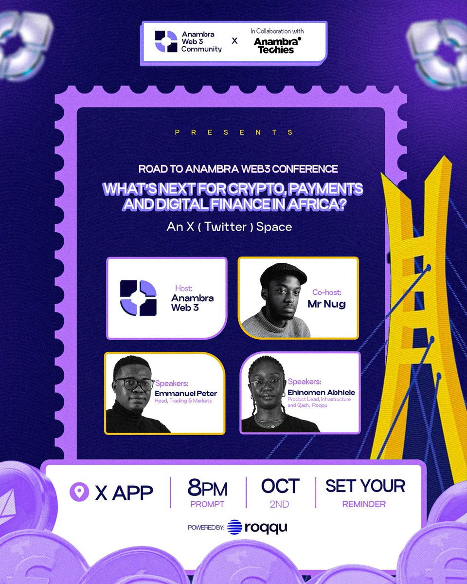 Anambraweb3's tweet photo. 🚨 ROAD TO ANAMBRA WEB3 CONFERENCE 3.0 

ROQQU (@roqqupay) × ANAMBRA WEB3 LET’S TALK!

What’s next for crypto, payments & digital finance in Africa? 👀

🎙️ Friday | 8:00 PM WAT

Speakers: Emmanuel Peter - Head, Trading & Markets, Roqqu

Speakers: Ehinomen Abhiele - Product Lead, Roqqu

Don’t miss this conversation. 
https://t.co/Q0q0bQQe39