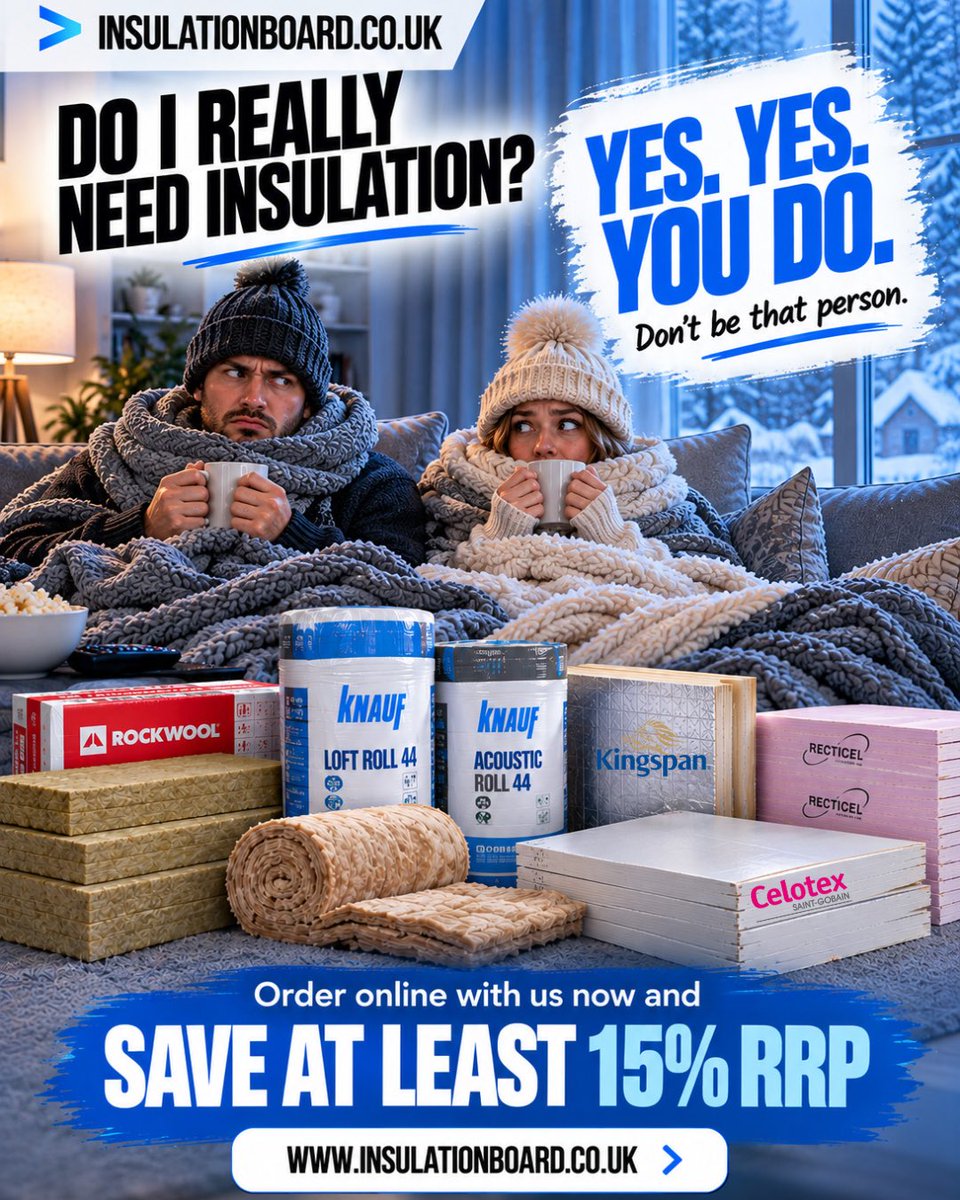BoardInsulation's tweet photo. Do you REALLY need insulation? 👀

Upgrade your insulation and help improve your building’s thermal efficiency without paying over the odds.

💙 Save at least 15% RRP

Don’t wait until winter arrives... get insulated now!!!!
Shop online👇🏼
https://t.co/0GHbEXA3Jr

#ConstructionUK https://t.co/Y8DhRlRGkk
