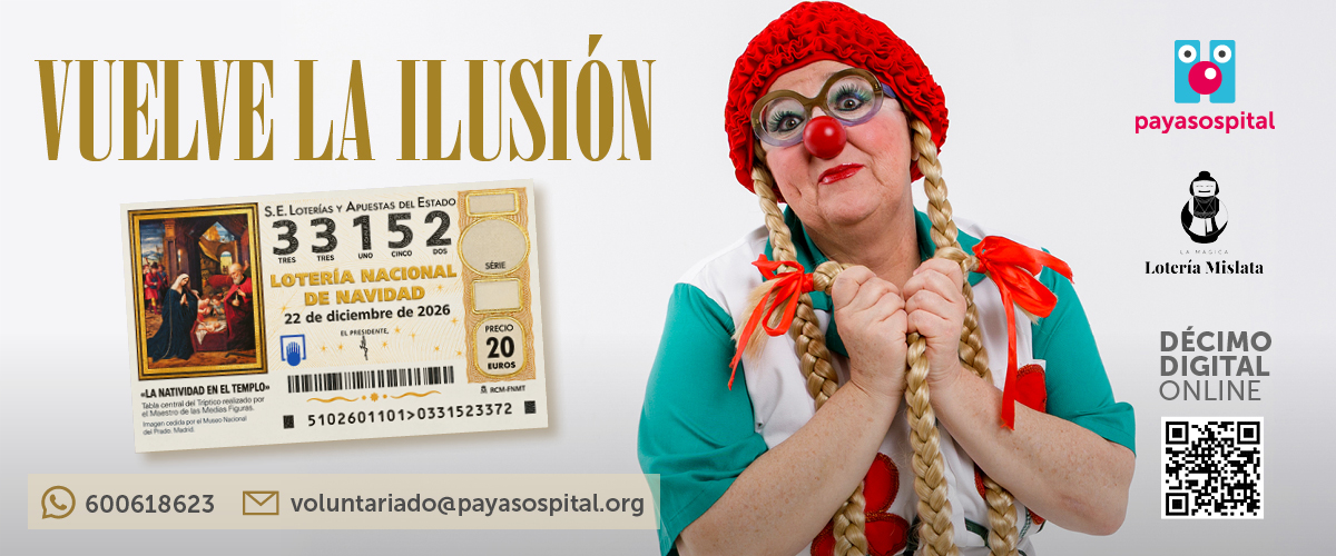 payasospital's tweet photo. ¡Vuelve la ilusión! Te ofrecemos la lotería que lleva risas al hospital... 

Un décimo: 24 euros (20€ décimo + 4€ donativo). 

Pídelo aquí:
- Whatsapp: 600618623
- Email: voluntariado@payasospital.org

Décimo digital: https://t.co/cQGNjtfVto

¡Gracias por colaborar! https://t.co/0ff9RusJxW