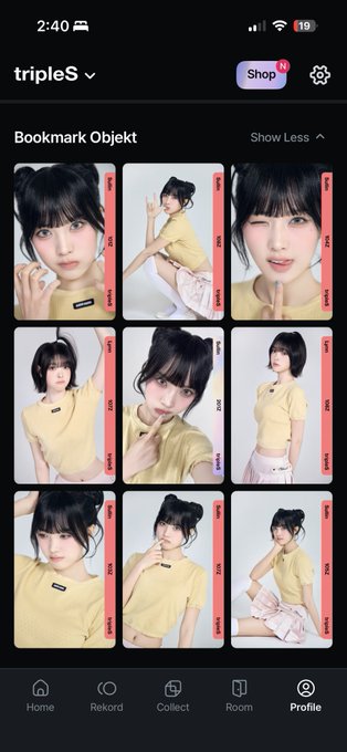 A mobile app screenshot showing a grid of nine photos of a woman under the heading 'Bookmark Object' on what appears to be a fan community app, with navigation tabs including 'Home,' 'Rekord,' and 'Profile' at the bottom.