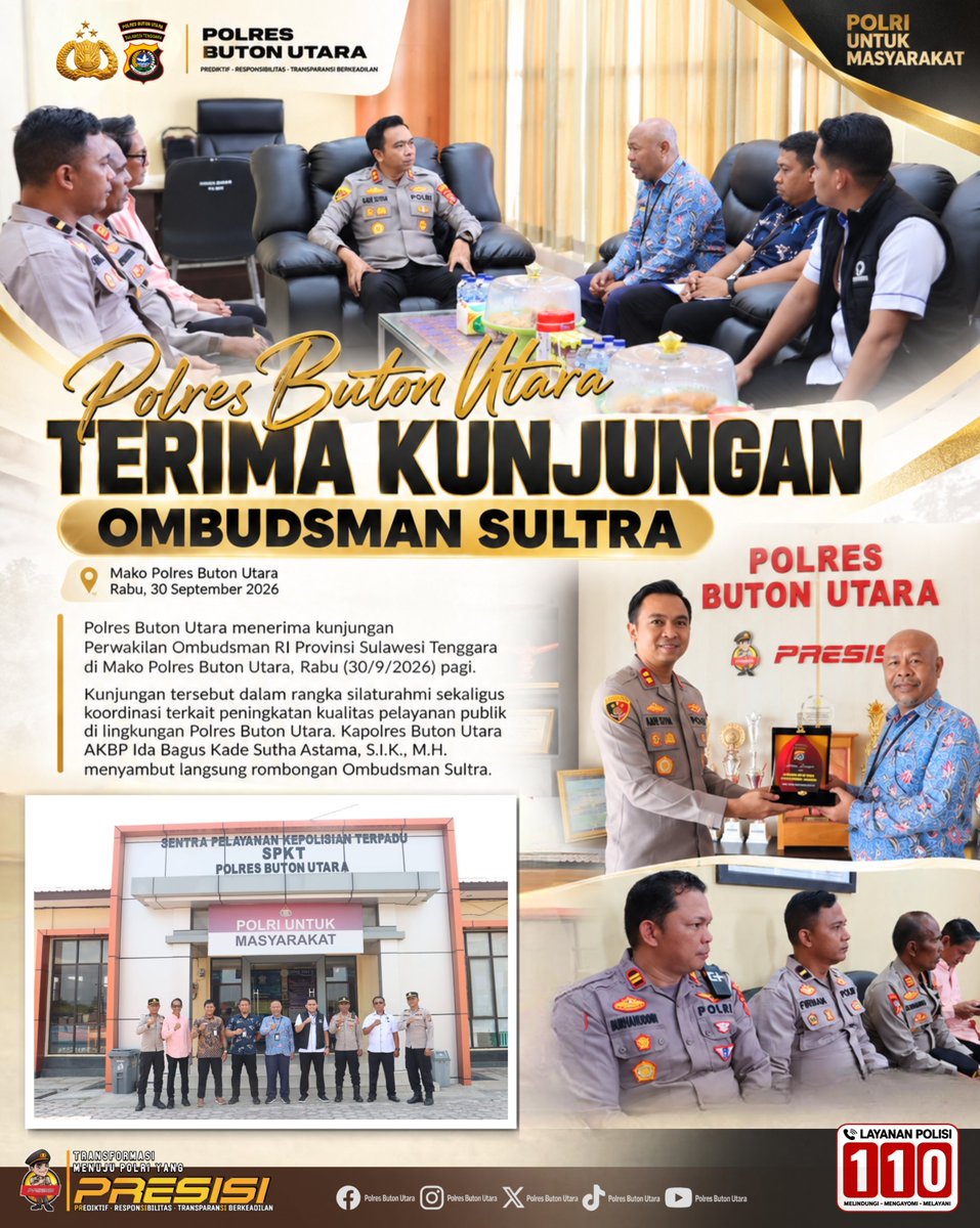 PolresButur's tweet photo. Polres Buton Utara Terima Kunjungan Ombudsman Sultra
.
.
#JagaBumiAnoa #PolresButonUtara #OmbudsmanSultra #PelayananPublik #PelayananMasyarakat #PolisiHumanisPresisi #DivHumasPolri #BidHumasPoldaSultra https://t.co/FIojjEiW0n