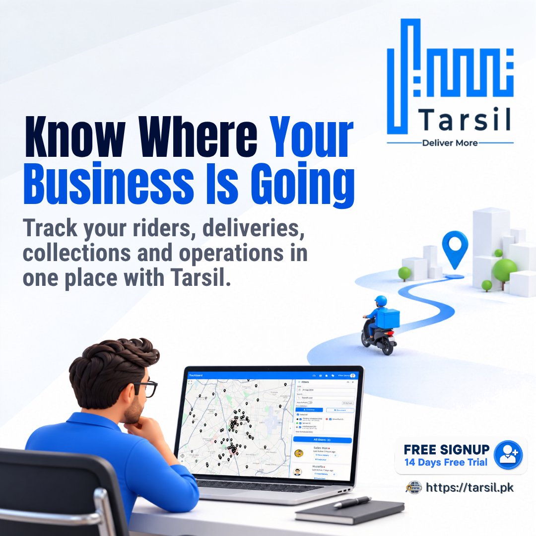 TarsilOfficial's tweet photo. 📍 Know where your business is going.
Track riders, deliveries, collections, and daily operations—all in one place with Tarsil. 🚚📊
#Tarsil #DeliveryManagement #BusinessOperations #RiderTracking #GCCBusiness #DeliverMore https://t.co/exvk9FWi2d