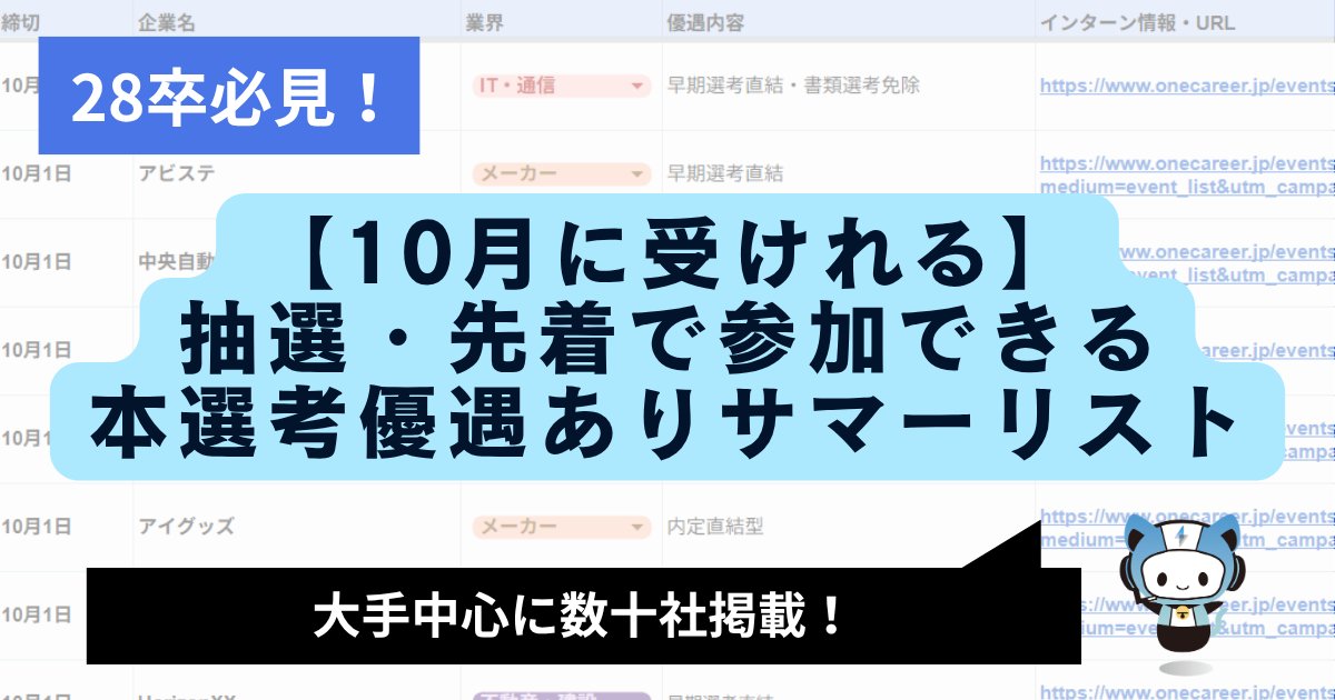 techsyu_main's tweet photo. 【10月締め切り】「抽選・先着」で参加できるのに優遇がある穴場インターンリストを無料配布します🔥

実は、選考なしの「抽選・先着」で参加でき、しかも【内定直結】や【書類選考免除】といった優遇がもらえる優良企業が多数存在します！！

特に先着順のインターンは、情報を知って「すぐに動いた人」が圧倒的に勝ちます！
今回は、IT・メーカー・不動産などの業界ごとに、締切日・優遇内容・応募URLを一覧化した特別リストを無料配布します！

年内内定を本気で狙う方は、今すぐチェックして一気に持ち駒を増やしてください✨

🔻受け取り条件
① @techsyu_main をフォロー
② いいね&RT
③ リプで一言（「ください」等でOK）
※鍵垢の方は配布できません