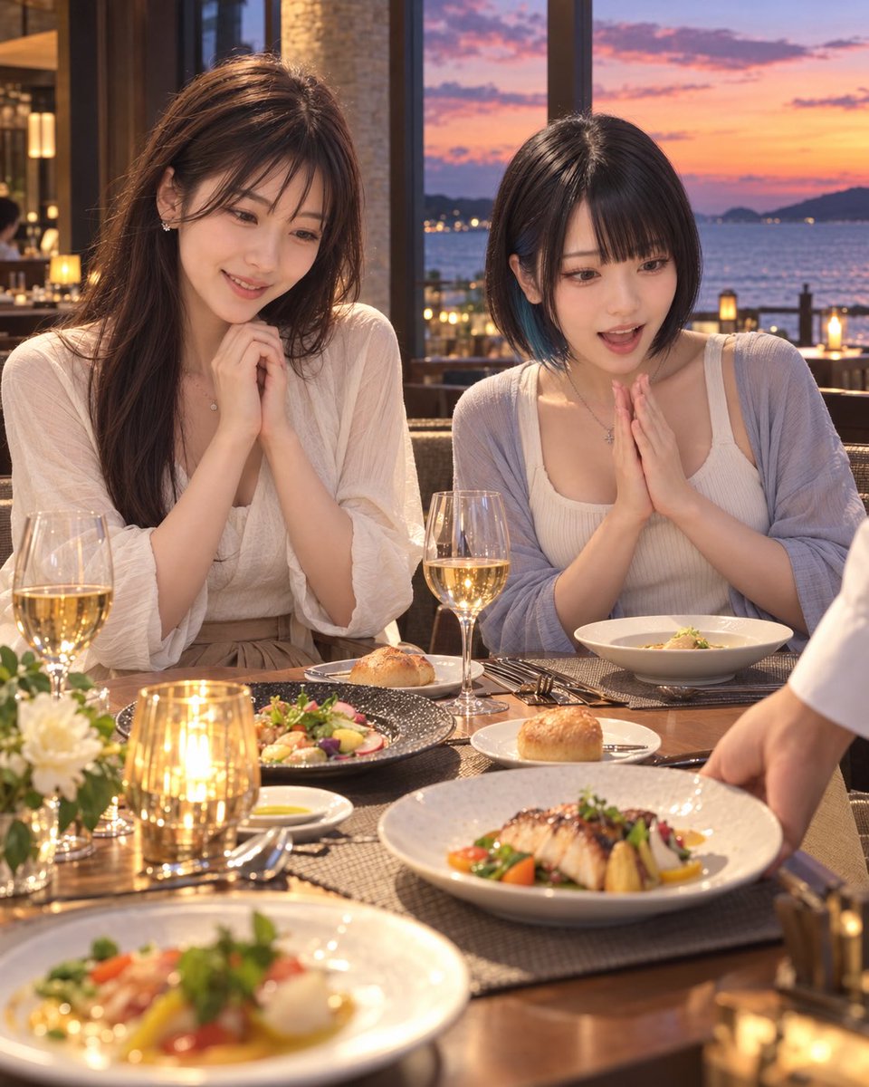 momo_scgresorts's tweet photo. 夕暮れの海を眺めながら、今日はちょっと贅沢ディナ��🍽️✨

料理が運ばれてきた瞬間、
なっちゃんが「わぁ、美味しそー！」ってこの表情😂
見てるこっちまで嬉しくなる☺️

朝からたくさん遊んだ日のごはんって、
いつもよりおいしく感じるね🌙

#SCGRESORTS #AI生成 #AIart #リゾート旅 #ホテルディナー