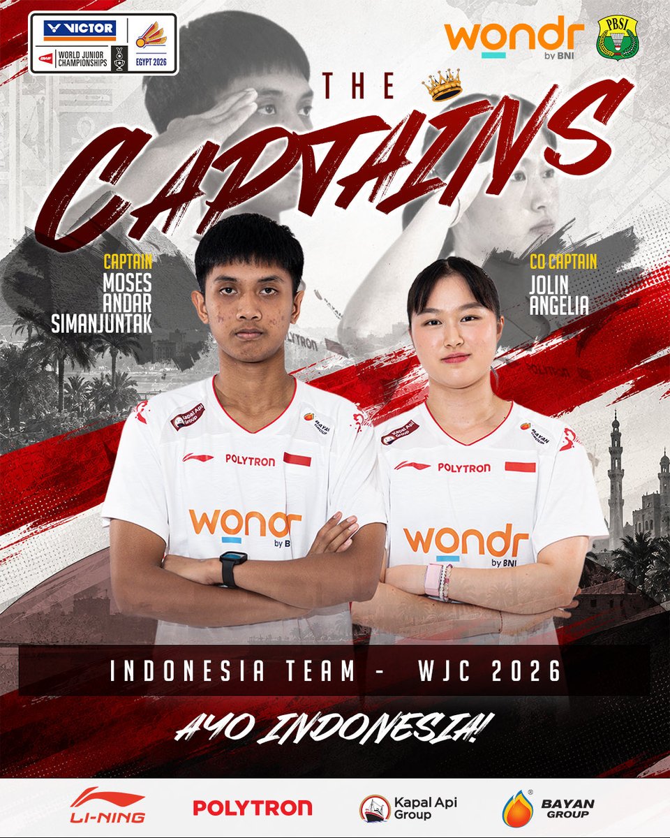INABadminton's tweet photo. 🇮🇩 CAPTAIN MODE: ON! 🫡

Moses Andar Simanjuntak dipercaya sebagai Kapten Tim Indonesia WJC 2026, dan akan didampingi oleh Jolin Angelia sebagai wakil kapten.

Selamat bertugas, Kapten! 🫡🔥

Bangkitkan semangat juang, jaga kekompakan, dan satukan tim untuk berjuang memberikan yang terbaik bagi Merah Putih di WJC 2026!

AYO INDONESIA! 🇮🇩🔥

#BadmintonIndonesia
#BWFWorldJuniorChampionships2026
#WJC2026