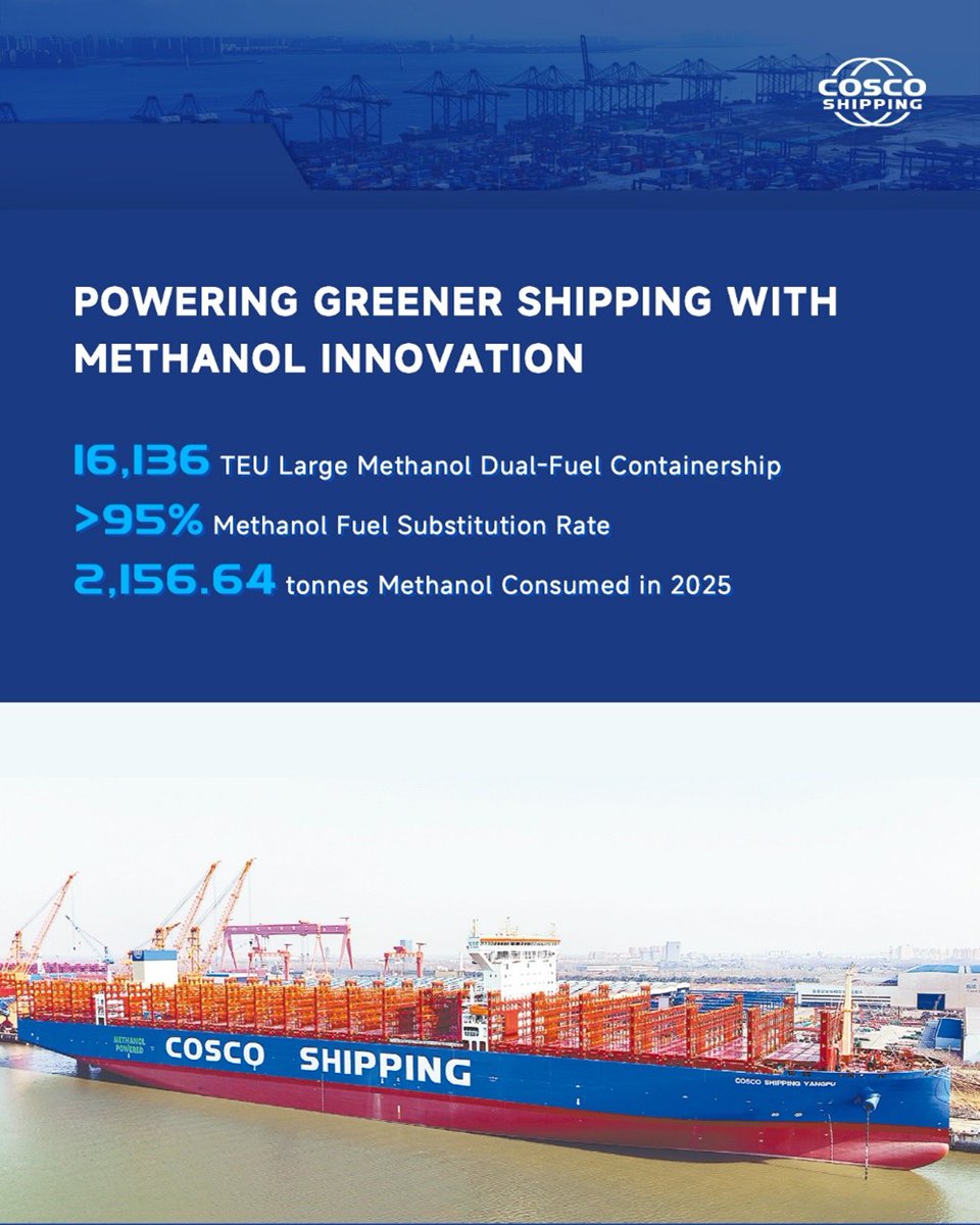 COSCOSHIPPING's tweet photo. Knock knock! 🐼🚪 Captain Panda is back with another highlight from our 2025 Sustainability Report.
🚢Methanol innovation is helping power greener shipping.
Our 16,136 TEU methanol dual-fuel container ship achieves a methanol substitution rate of over 95%.
In 2025:
⛽ 2,156.64 tonnes of methanol used
🌱>95% methanol substitution
New vessels, cleaner fuels, and more possibilities for a low-carbon ocean future. 💚

#COSCOSHIPPING #SailingTogether #GreenShipping #Methanol
