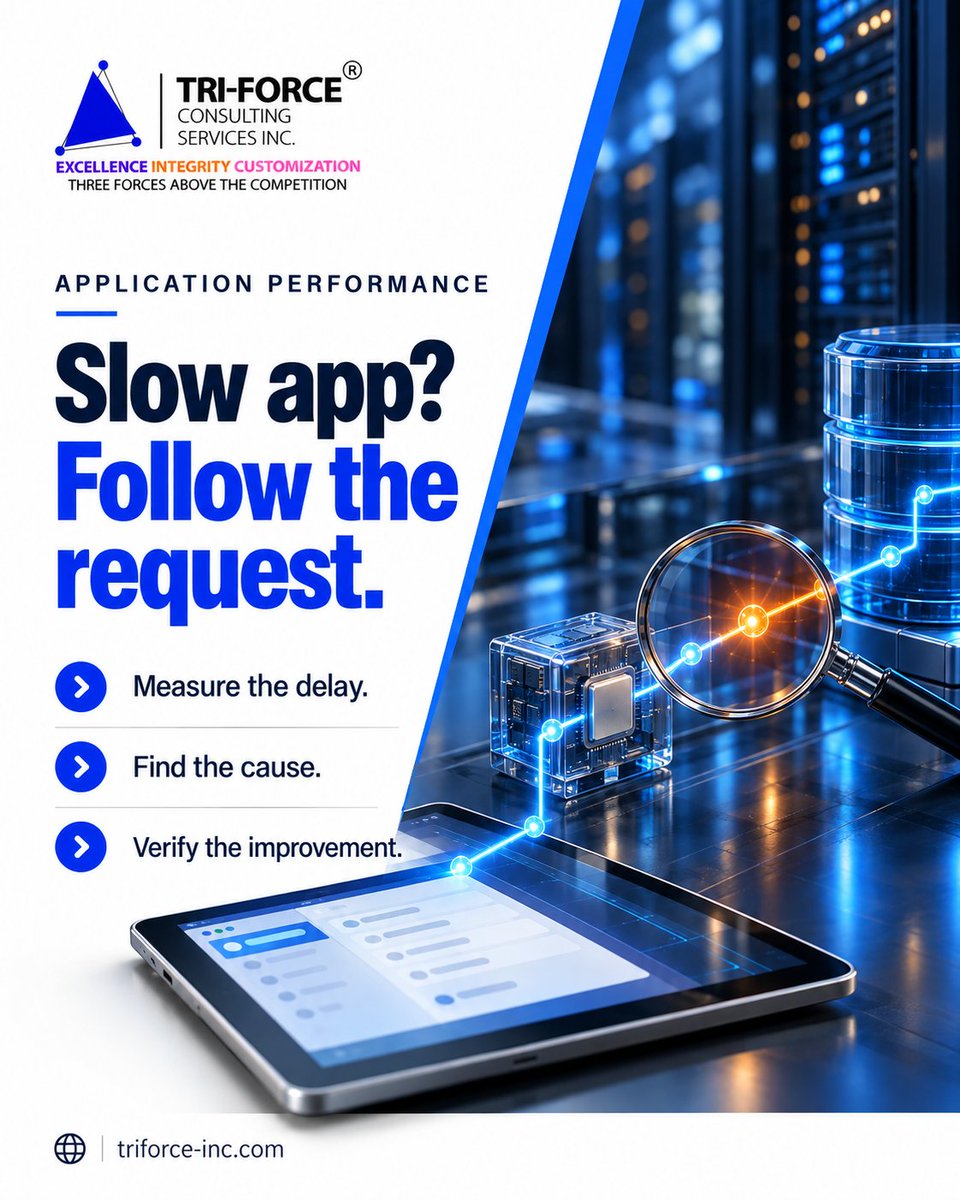 triforceinc's tweet photo. Slow app? Trace the user journey across APIs, databases, and external services. Fix one measured bottleneck, then repeat the same test.
π Contact us: https://t.co/Hm9bapkRnL
#AppPerformance #TriForceConsulting https://t.co/dc1z5egC0C