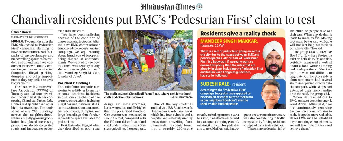 ChandivaliCCWA's tweet photo. Chandivali residents audit footpaths to debunk BMC’s ‘Pedestrian First’ claims. Article in today's Hindustan Times.
Reported by @Osamaarawal in today's @htTweets @AshwiniBhide @mybmc @mybmcWardL @mayor_mumbai @CMOMaharashtra @VarshaEGaikwad https://t.co/OjSsbP6a7Y