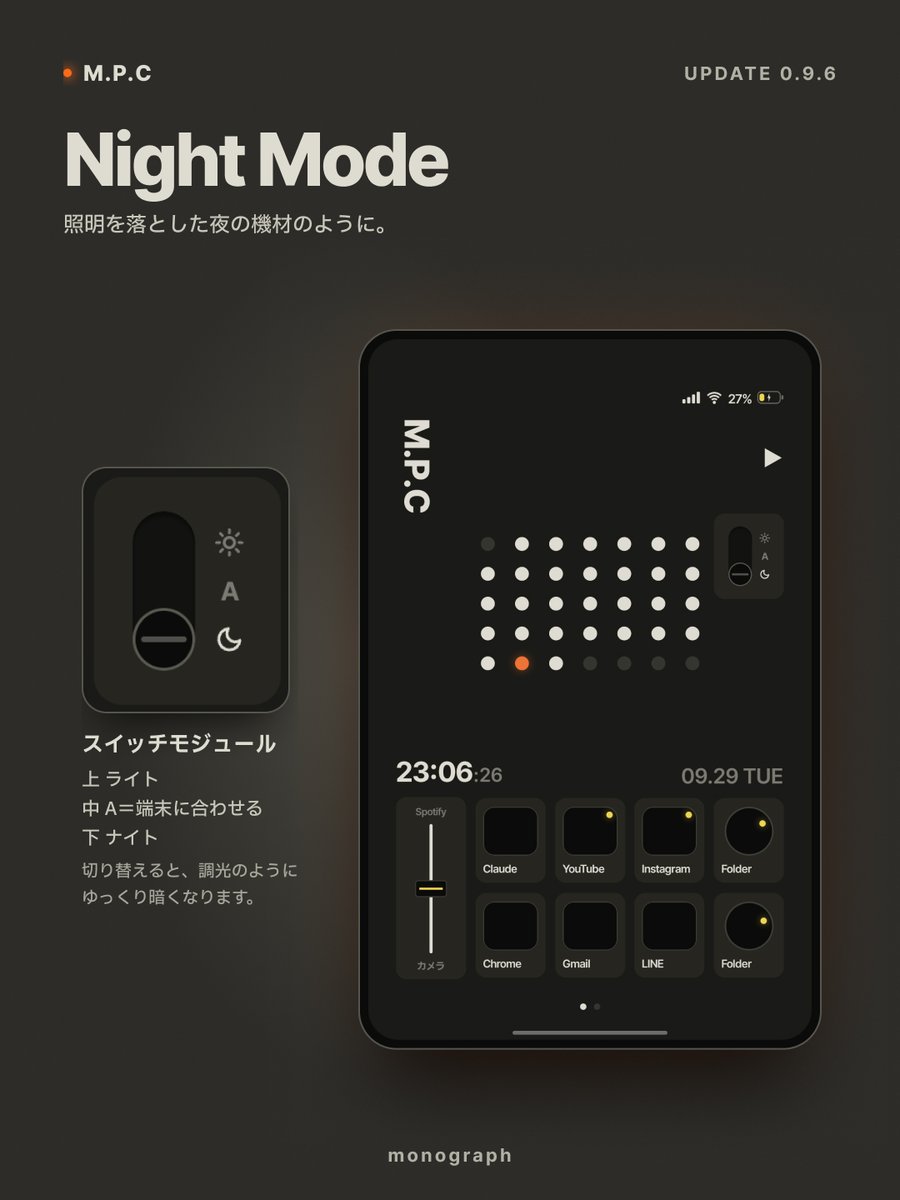 infoNumber333's tweet photo. ご要望にお応えしてナイトモード作りました！

手動の切り替え、自動切り替え両方に対応してます。
インストー���済みの方はアップデートで使えるようになりますのでぜひお試し下さい。 https://t.co/zdsplWgNr5