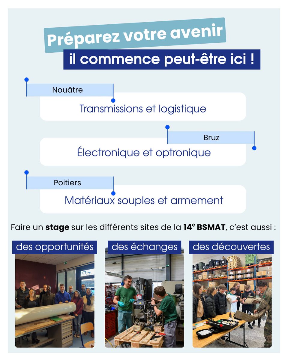 14eBsmat's tweet photo. La minute recrutement #1
Stage de découverte ou stage professionnel : découvrez nos métiers et savoir-faire à Nouâtre, Poitiers et Bruz ! 🔎
Découverte : 14bsmat.c-boi.fct@intradef.gouv.fr
Professionnel : 14bsmat-pc.recrutement.fct@intradef.gouv.fr
#14eBSMAT #Stage #Recrutement https://t.co/tP3RoqCXJN