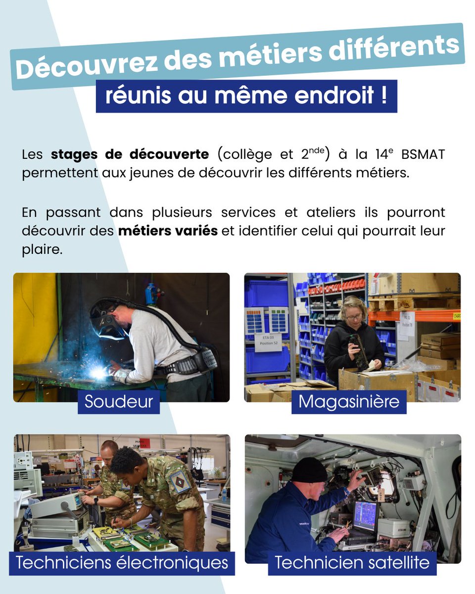 14eBsmat's tweet photo. La minute recrutement #1
Stage de découverte ou stage professionnel : découvrez nos métiers et savoir-faire à Nouâtre, Poitiers et Bruz ! 🔎
Découverte : 14bsmat.c-boi.fct@intradef.gouv.fr
Professionnel : 14bsmat-pc.recrutement.fct@intradef.gouv.fr
#14eBSMAT #Stage #Recrutement https://t.co/tP3RoqCXJN