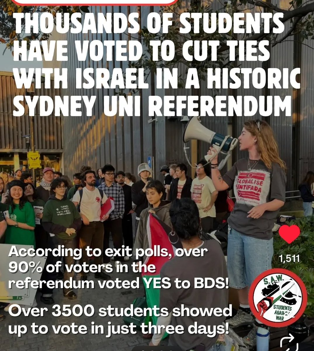 timand2037's tweet photo. Over 90% of students in a referendum at the University of Sydney voted to cut all ties with Apartheid Israel. 🌹🇵🇸 Desperate, corrupt managers tried to intervene in student union elections as one party was called Globalise the Intifada.  https://t.co/MxGc6ChtU5 https://t.co/BJxfC0nWFy